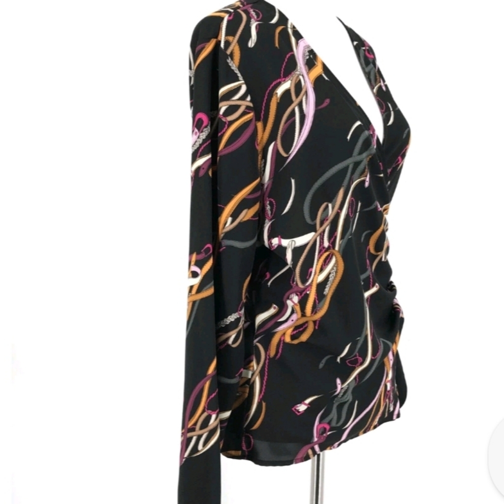 Nine West Wrap Blouse Belt Print Black Multicolor Top Size L - Picture 5 of 8